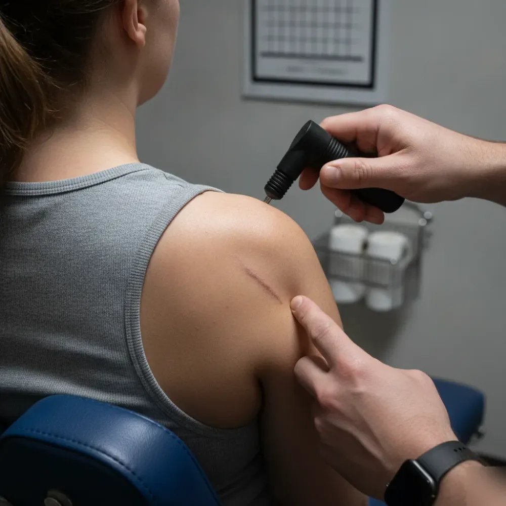 Chiropractor using Activator instrument on post-surgical patient's thoracic spine in Denver office.
