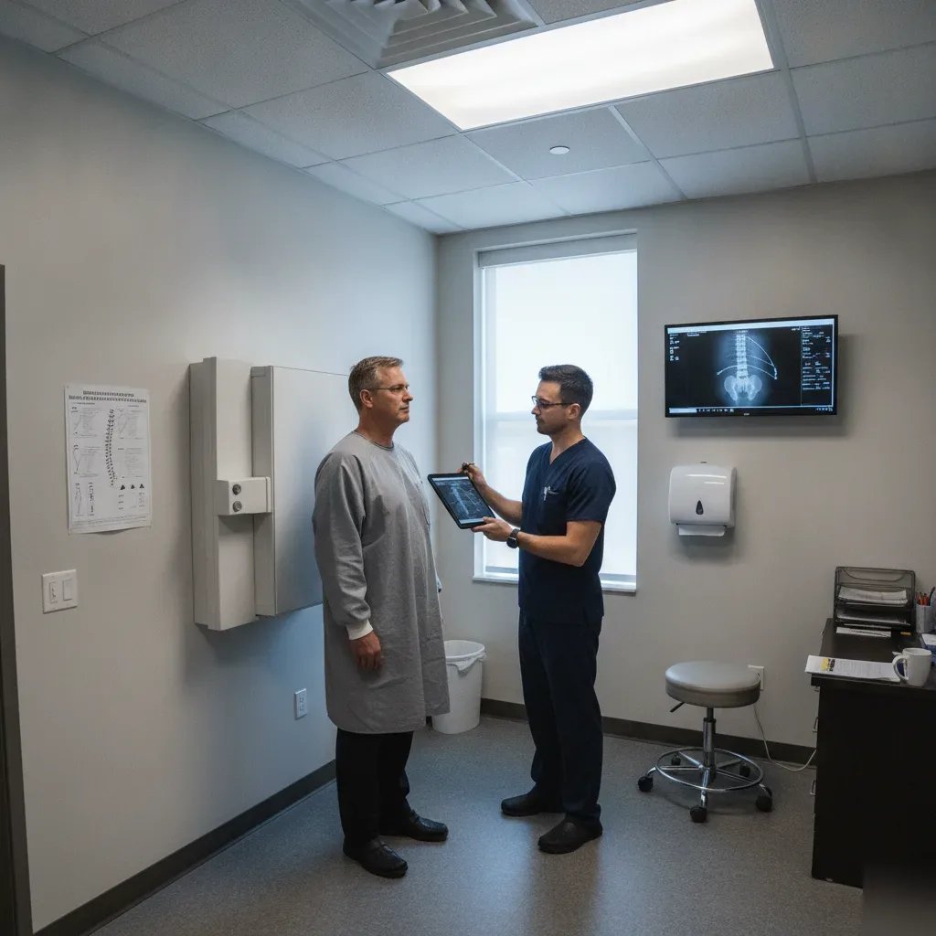 Patient standing at X-ray panel during advanced spinal imaging analysis at Denver chiropractic clinic.