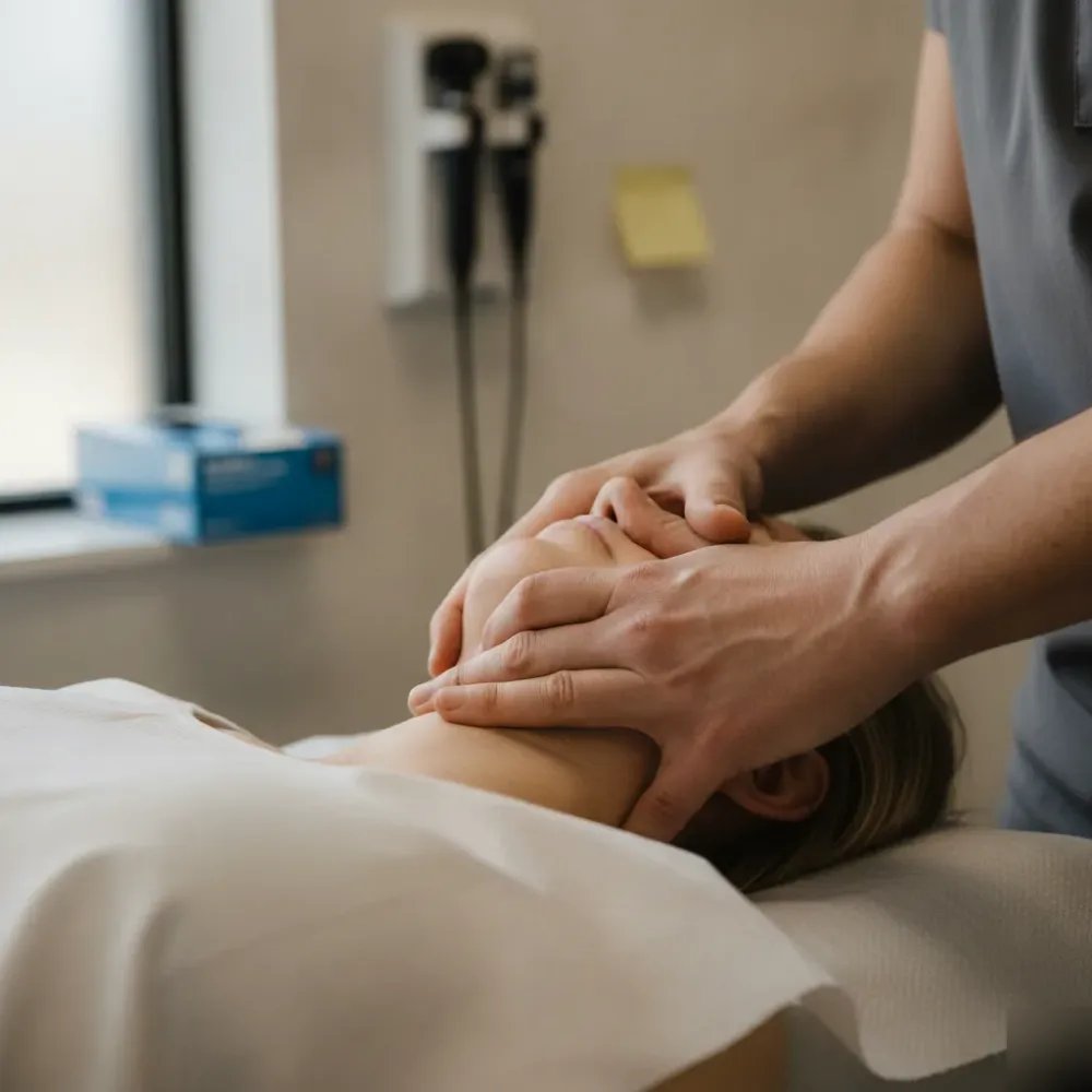 Close-up of chiropractor hands on patient neck during cervical adjustment at Denver chiropractic office.