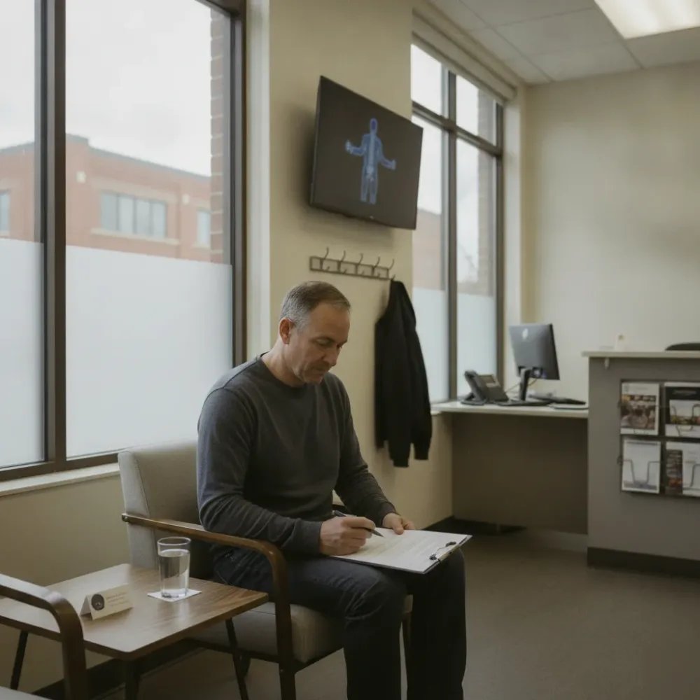 Patient completing intake paperwork in Denver chiropractic waiting area before advanced X-ray analysis appointment.