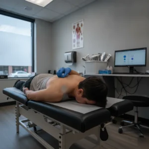 Dry needling session at a Denver chiropractic clinic, needle inserted into upper trapezius muscle.