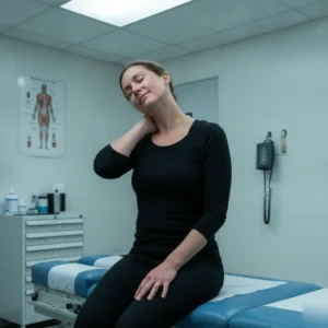 Patient seated on chiropractic table gently moving neck after dry needling treatment in Denver clinic.