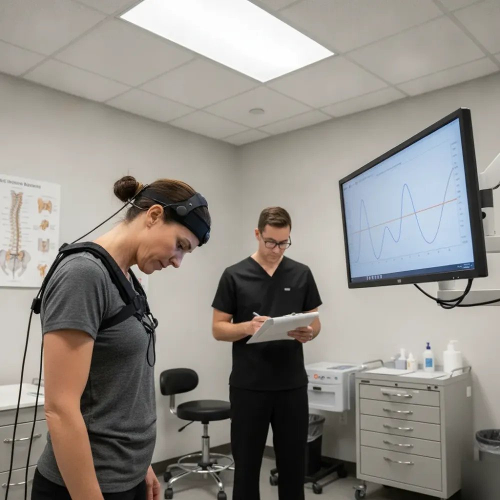 Patient performing lateral neck flexion during DynaROM motion study with live data on monitor in Denver clinic