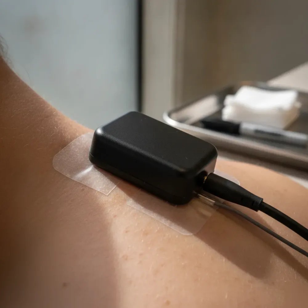 Close-up of DynaROM inclinometer sensor attached to patient cervical spine during motion study