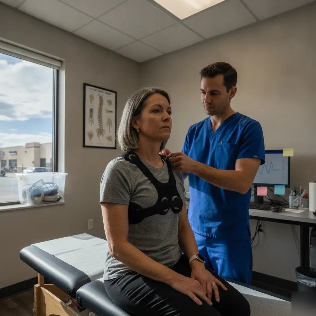 DynaROM motion study sensor placement on patient neck in Denver chiropractic clinic