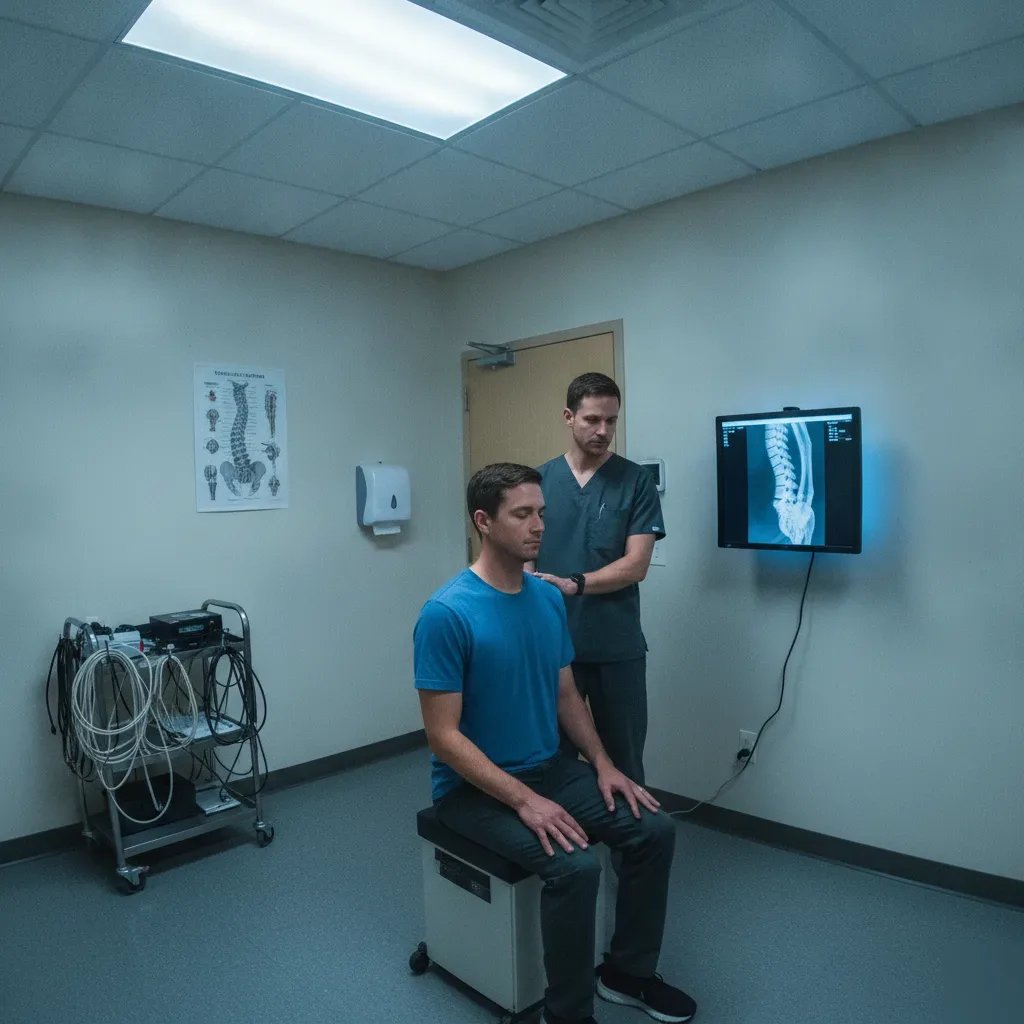 Patient flexing neck during motion X-ray analysis at Denver chiropractic clinic.