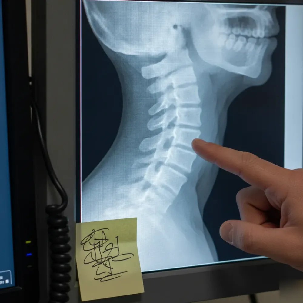 Chiropractor pointing at cervical spine on motion X-ray monitor during Denver analysis session.