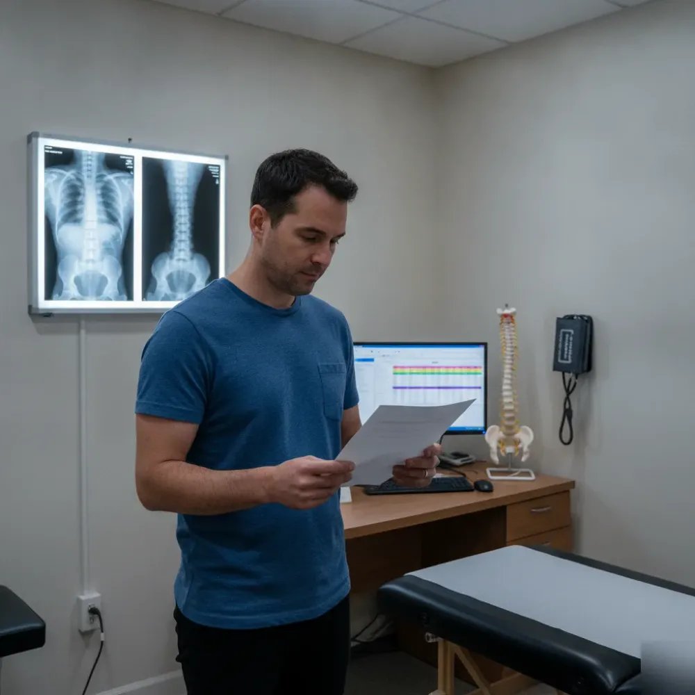 Patient reviewing printed motion X-ray report in Denver chiropractic consultation room.