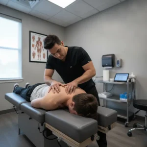 Chiropractor applying Pain Neutralization Technique trigger point pressure to patient in Denver clinic