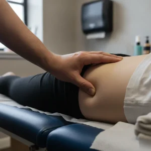 Close-up of PNT trigger point pressure applied to patient lower back during chiropractic treatment in Denver