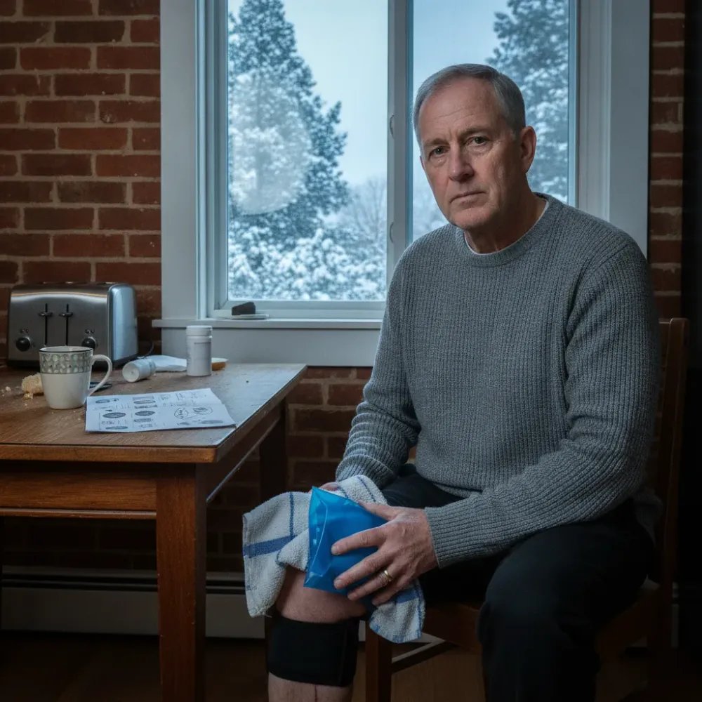 Post-surgical knee patient applying ice pack at kitchen table in Denver home during morning recovery routine.