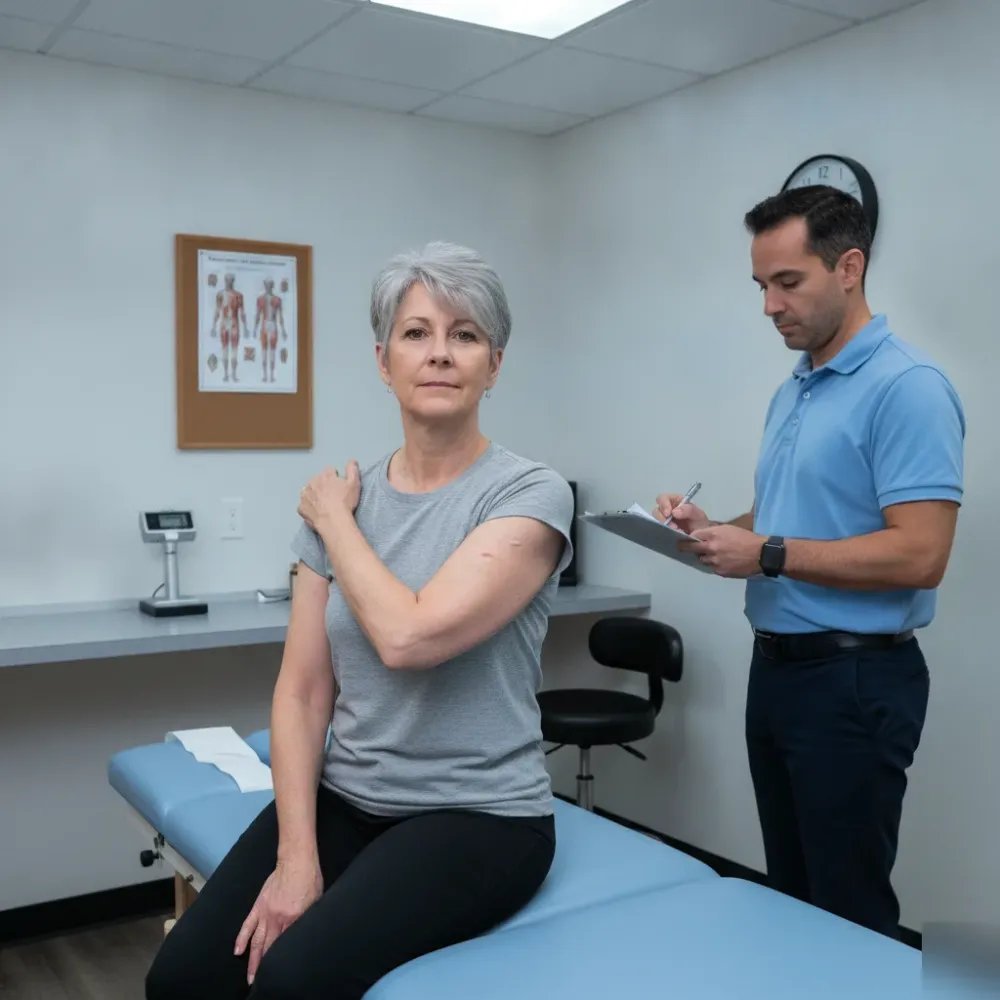 Post-surgical patient performing shoulder range-of-motion assessment at Denver chiropractic clinic.