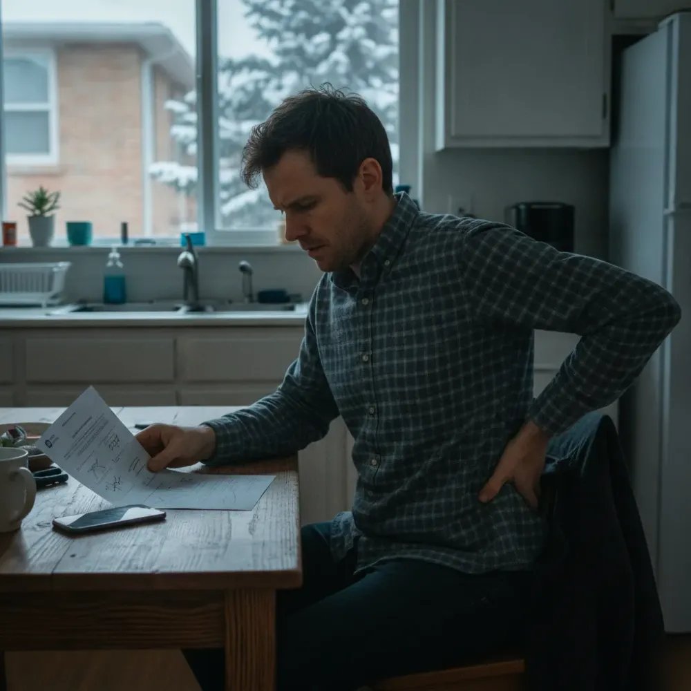 Man at home kitchen table reviewing chiropractic aftercare instructions while holding lower back in Denver.