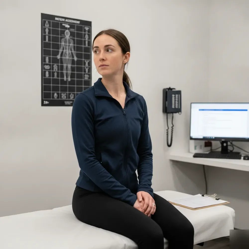 Female patient testing neck range of motion after same-day chiropractic adjustment in Denver clinic.