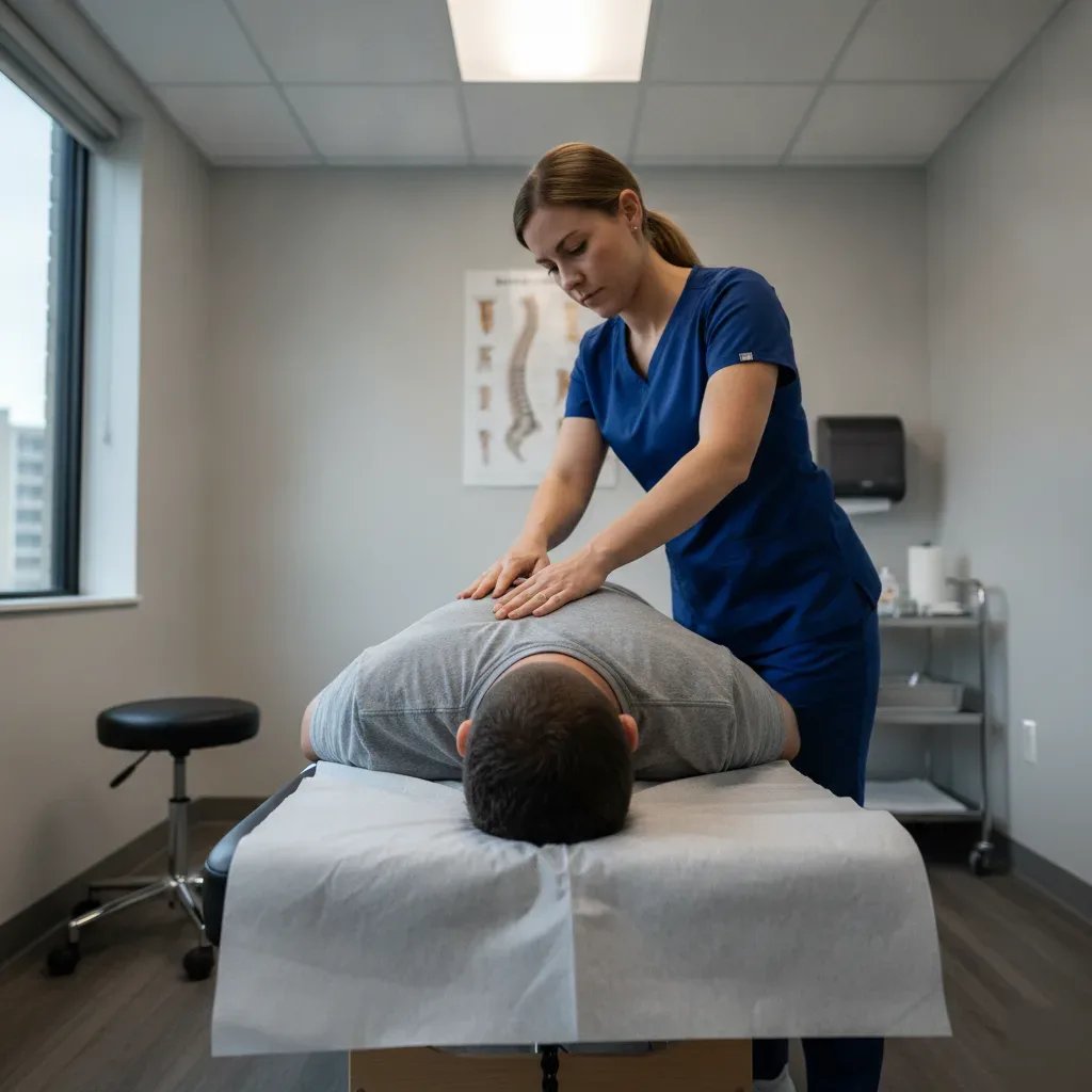 Chiropractor performing spinal adjustment on patient at same-day chiropractic clinic in Denver.