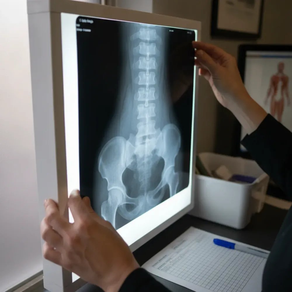 Chiropractor's hands holding spinal X-ray film against light box, reviewing vertebral curve measurements.