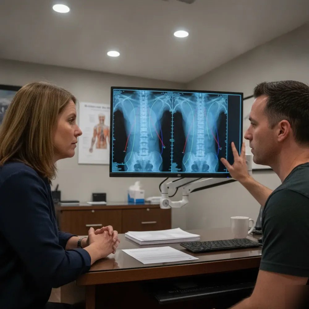 Chiropractor turning monitor showing spinal X-ray comparison toward patient during Denver consultation.